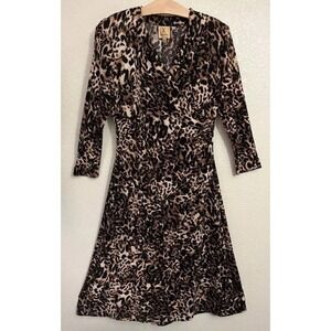 KASPER Women's Leopard Print V Neck 3/4 Sleeve Wrap Dress Midi Size Medium